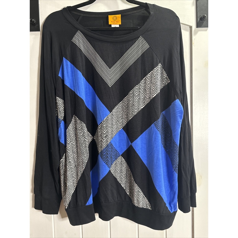 Ruby Rd Blouse Top Womans Plus 1X Geometric Multicolor Long Sleeve Round Neck